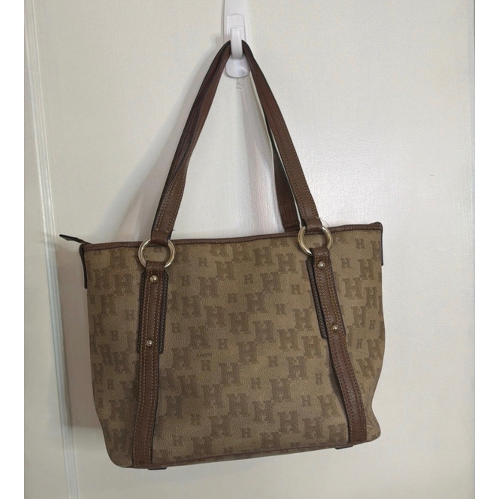 Hazzys Monogram Coated Canvas Leather Trim Tote Bag Brown Tan Logo Shoulder Bag